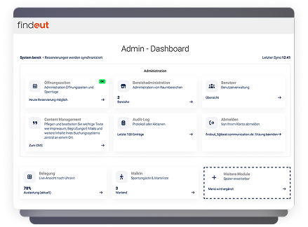 Administrationsansicht von findout.booking